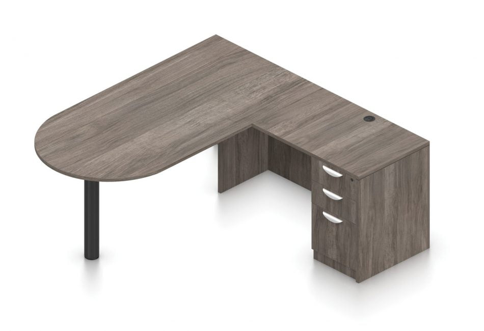 Orthographic view of an Offices to Go set of desking, using Layout K. This set consists of a 71" D-shape, held up by a thick post. At the side is a 36 inch wide return with a 3-drawer pedestal set of drawers. This layout is shown here in an Artisan Grey inish.