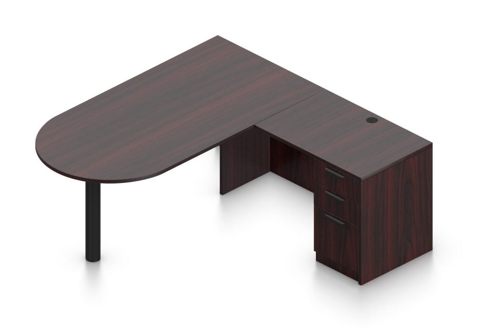 Orthographic view of an Offices to Go set of desking, using Layout K. This set consists of a 71" D-shape, held up by a thick post. At the side is a 36 inch wide return with a 3-drawer pedestal set of drawers. This layout is shown here in an American Mahogany finish.