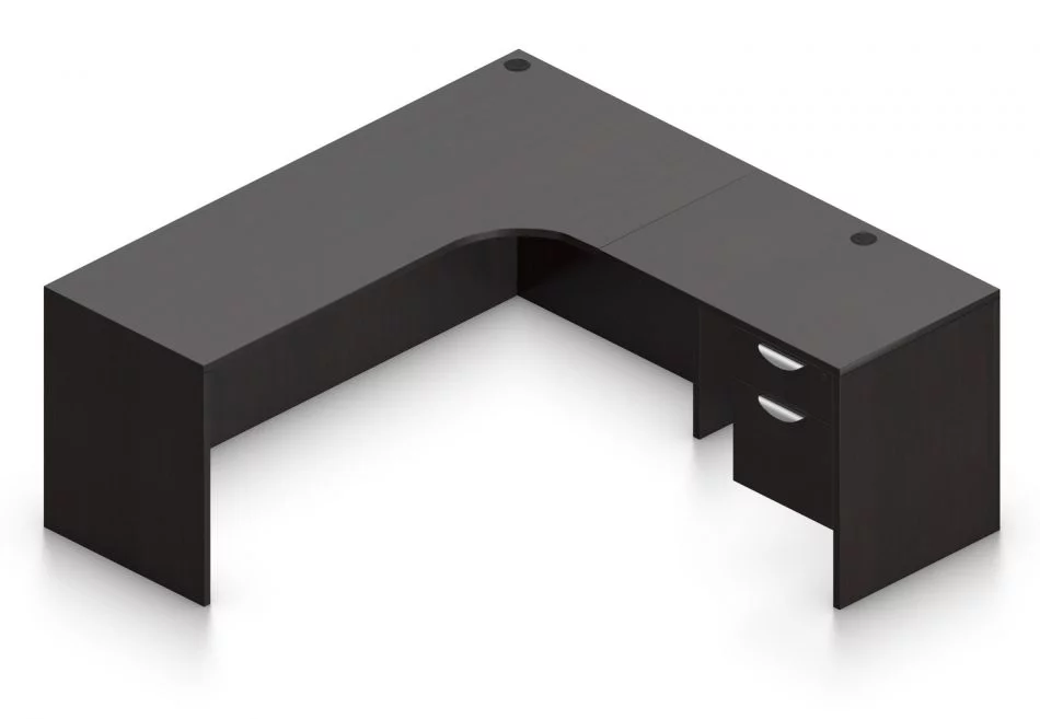Orthographic view of an Offices to Go 71" corner desk with left side extension. Its inner edge is curved, and it has a set of two hanging office drawers to the right of it, with a lock on the top. This layout is featured in an American Espresso finish.