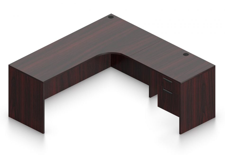 Orthographic view of an Offices to Go 71" corner desk with left side extension. Its inner edge is curved, and it has a set of two hanging office drawers to the right of it, with a lock on the top. This layout is featured in an American Mahogany finish.