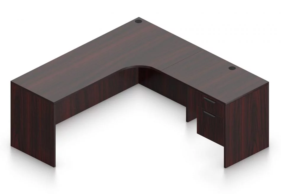 Orthographic view of an Offices to Go 71" corner desk with left side extension. Its inner edge is curved, and it has a set of two hanging office drawers to the right of it, with a lock on the top. This layout is featured in an American Mahogany finish.