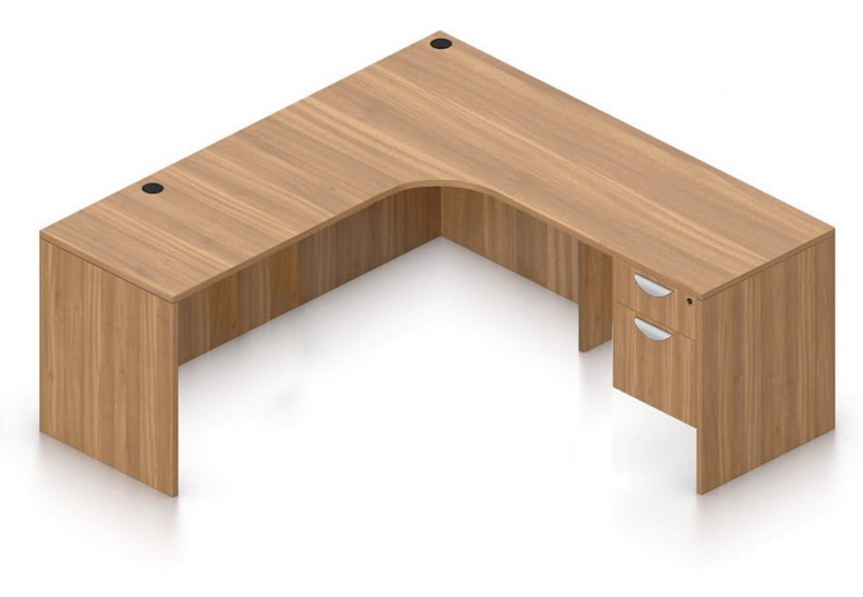 Orthographic view of an Offices to Go 71" corner desk with left side extension. Its inner edge is curved, and it has a set of two hanging office drawers to the right of it, with a lock on the top. This layout is featured in a Autumn Walnut finish.