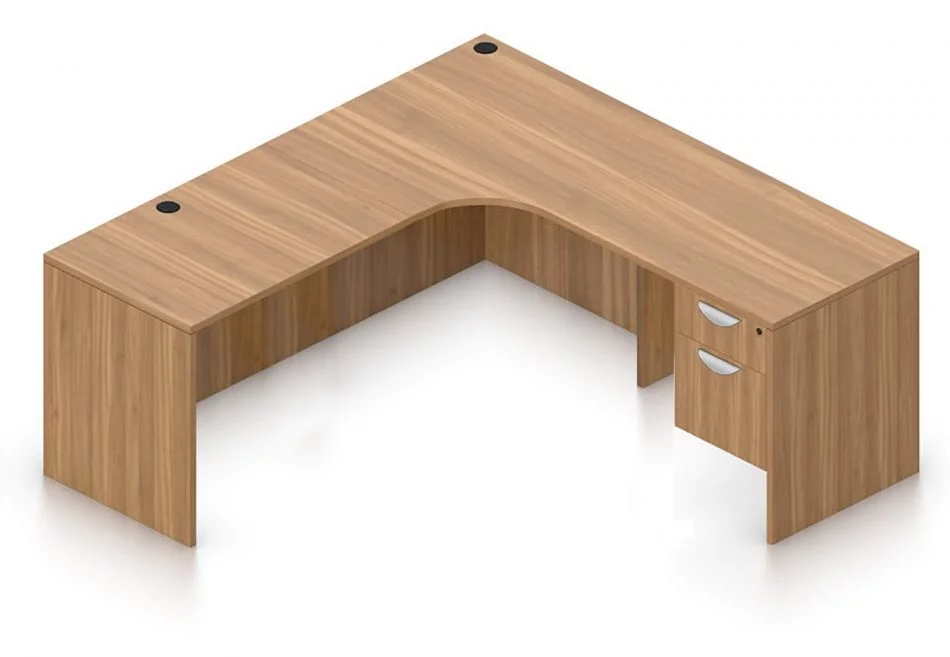 Orthographic view of an Offices to Go 71" corner desk with left side extension. Its inner edge is curved, and it has a set of two hanging office drawers to the right of it, with a lock on the top. This layout is featured in a Autumn Walnut finish.