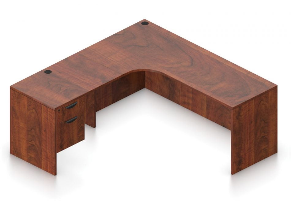 Orthographic view of an Offices to Go 71" corner desk with right side extension. Its inner edge is curved, and it has a set of two hanging office drawers to the left of it, with a lock on the top. This layout is featured in an American Dark Cherry finish.