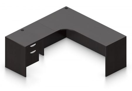 Orthographic view of an Offices to Go 71" corner desk with right side extension. Its inner edge is curved, and it has a set of two hanging office drawers to the left of it, with a lock on the top. This layout is featured in an American Espresso finish.