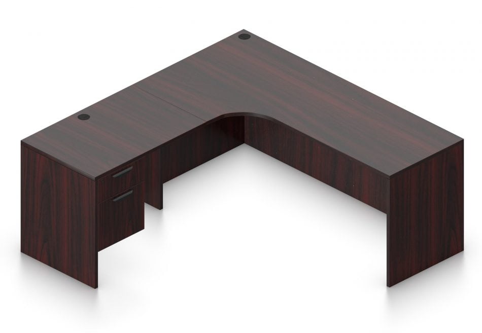 Orthographic view of an Offices to Go 71" corner desk with right side extension. Its inner edge is curved, and it has a set of two hanging office drawers to the left of it, with a lock on the top. This layout is featured in an American Mahogany finish.