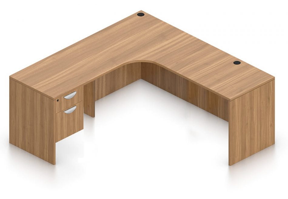 Orthographic view of an Offices to Go 71" corner desk with right side extension. Its inner edge is curved, and it has a set of two hanging office drawers to the left of it, with a lock on the top. This layout is featured in a Autumn Walnut finish.