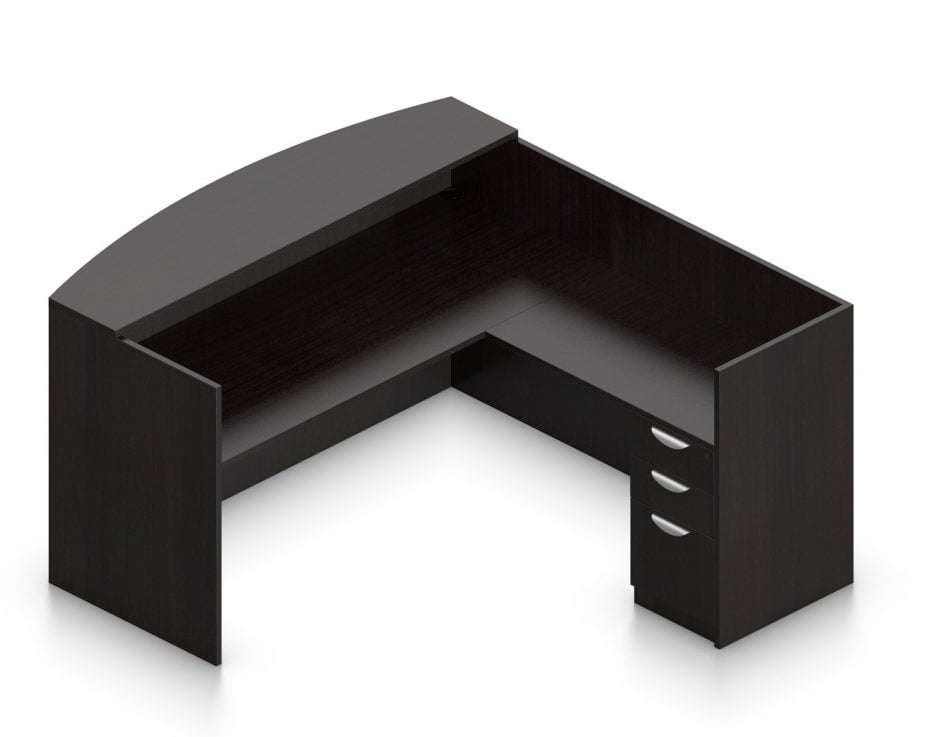 Orthographic view of an Offices-to-Go set of desking, using Layout O. This set consists of a 71 inch receptionist style desk shell, with a 42 inch reversible reception return. At the front, is a matching laminate transaction top. Below the desk surface is a 3-drawer file pedestal, with a lock at the top. This layout is shown in an American Espresso finish.