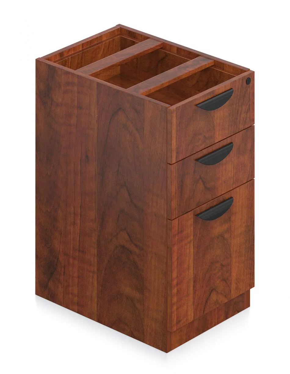 Orthographic view of an Offices to Go 22 inch deep pedestal drawer storage. The unit consists of three drawers, with the bottom most drawer taller than the other two. It uses an American Dark Cherry laminate finish, and features a top locking drawer.