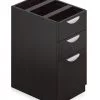 Orthographic view of an Offices to Go 22 inch deep pedestal drawer storage. The unit consists of three drawers, with the bottom most drawer taller than the other two. It uses an American Mahogany laminate finish, and features a top locking drawer.