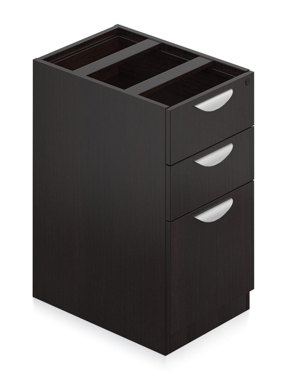 Orthographic view of an Offices to Go 22 inch deep pedestal drawer storage. The unit consists of three drawers, with the bottom most drawer taller than the other two. It uses an American Mahogany laminate finish, and features a top locking drawer.
