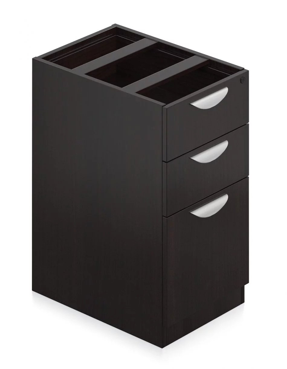 Orthographic view of an Offices to Go 22 inch deep pedestal drawer storage. The unit consists of three drawers, with the bottom most drawer taller than the other two. It uses an American Mahogany laminate finish, and features a top locking drawer.
