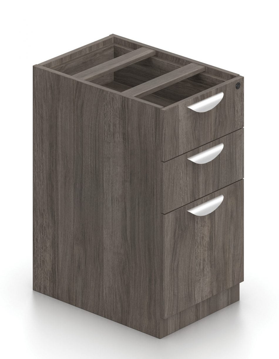 Orthographic view of an Offices to Go 22 inch deep pedestal drawer storage. The unit consists of three drawers, with the bottom most drawer taller than the other two. It uses an Artisan Grey laminate finish, and features a top locking drawer.