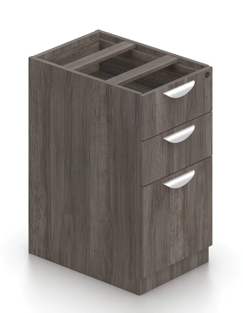 Orthographic view of an Offices to Go 22 inch deep pedestal drawer storage. The unit consists of three drawers, with the bottom most drawer taller than the other two. It uses an Artisan Grey laminate finish, and features a top locking drawer.