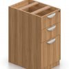 Orthographic view of an Offices to Go 22 inch deep pedestal drawer storage. The unit consists of three drawers, with the bottom most drawer taller than the other two. It uses an Autumn Walnut laminate finish, and features a top locking drawer.