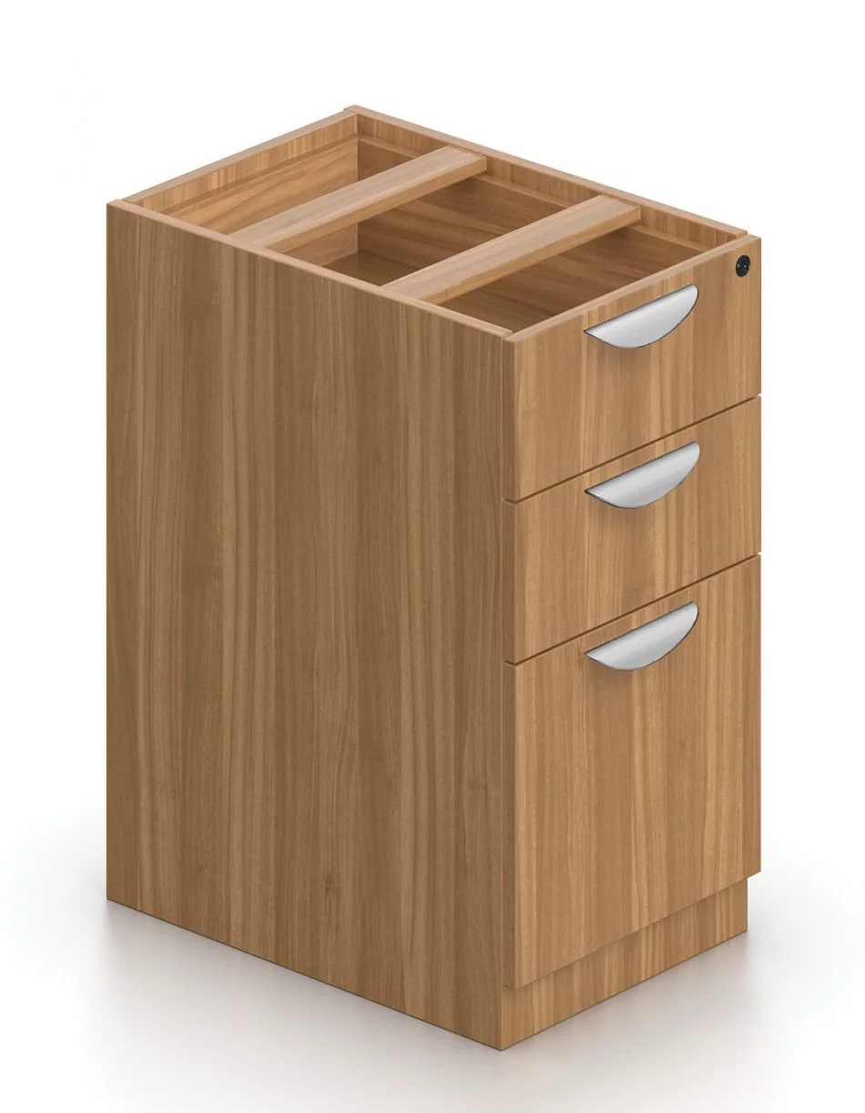 Orthographic view of an Offices to Go 22 inch deep pedestal drawer storage. The unit consists of three drawers, with the bottom most drawer taller than the other two. It uses an Autumn Walnut laminate finish, and features a top locking drawer.