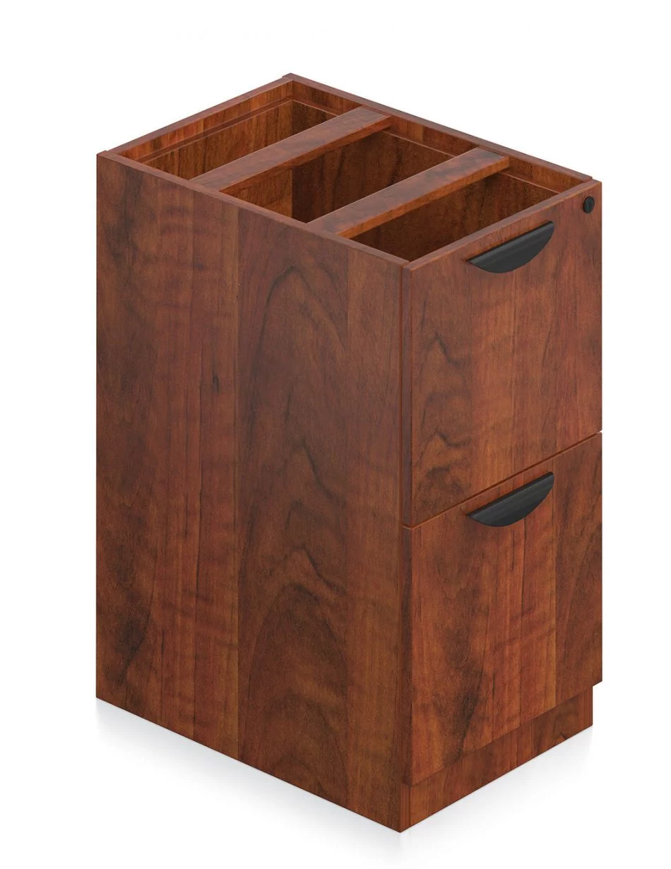 Orthographic view of an Offices to Go 22 inch deep pedestal drawer storage. The unit consists of two equal-height drawers, with a lock on the top drawer. It has a an American Dark Cherry laminate finish.