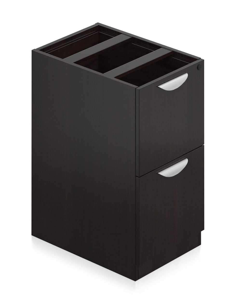 Orthographic view of an Offices to Go 22 inch deep pedestal drawer storage. The unit consists of two equal-height drawers, with a lock on the top drawer. It has a an American Espresso laminate finish.