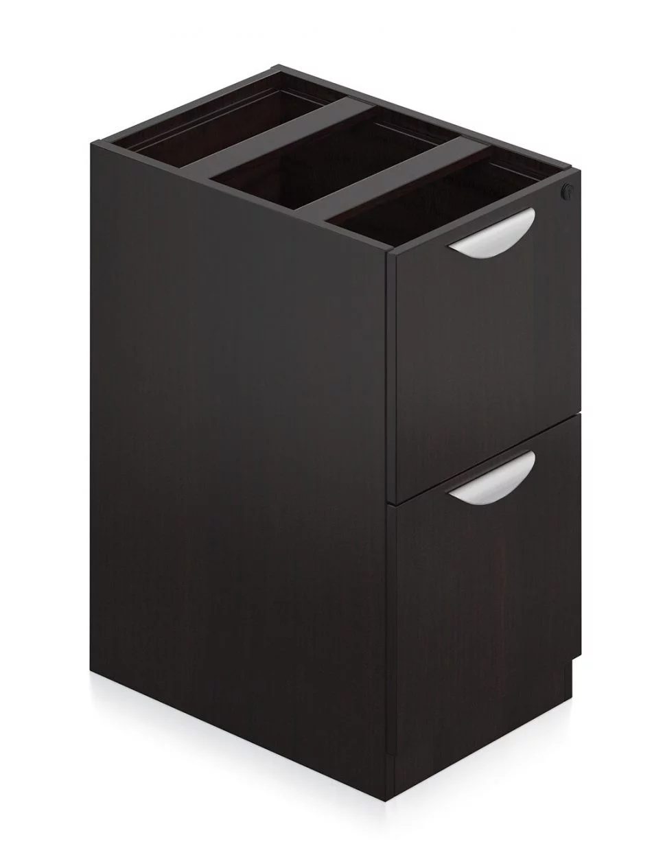 Orthographic view of an Offices to Go 22 inch deep pedestal drawer storage. The unit consists of two equal-height drawers, with a lock on the top drawer. It has a an American Espresso laminate finish.