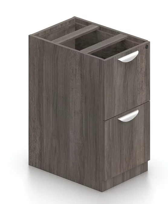 Orthographic view of an Offices to Go 22 inch deep pedestal drawer storage. The unit consists of two equal-height drawers, with a lock on the top drawer. It has a an Artisan Grey laminate finish.