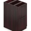 Orthographic view of an Offices to Go 22 inch deep pedestal drawer storage. The unit consists of two equal-height drawers, with a lock on the top drawer. It has a an American Mahogany laminate finish.