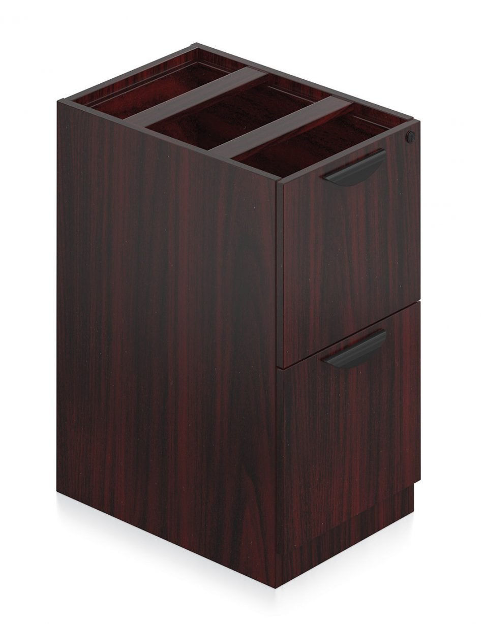 Orthographic view of an Offices to Go 22 inch deep pedestal drawer storage. The unit consists of two equal-height drawers, with a lock on the top drawer. It has a an American Mahogany laminate finish.