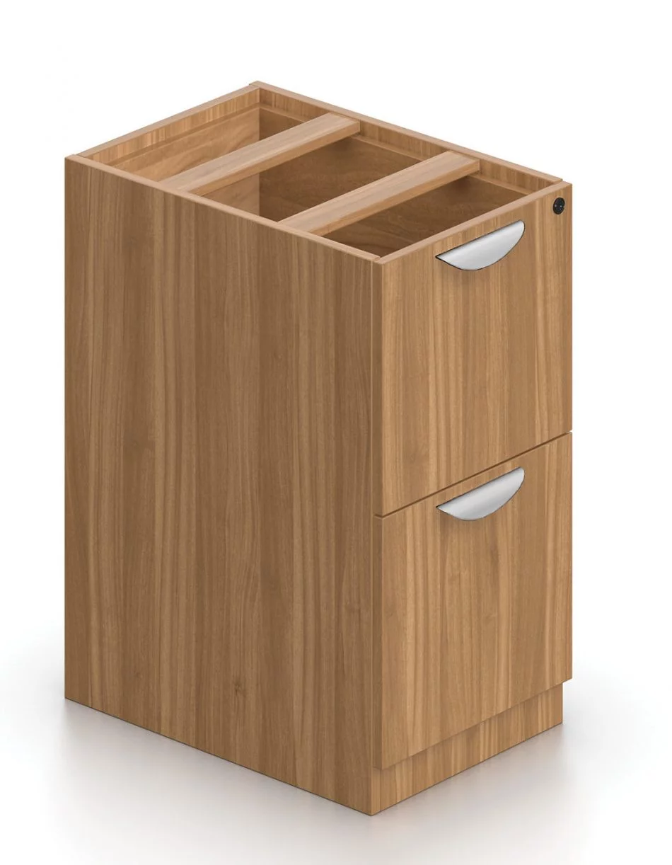 Orthographic view of an Offices to Go 22 inch deep pedestal drawer storage. The unit consists of two equal-height drawers, with a lock on the top drawer. It has a an Autumn Walnut laminate finish.
