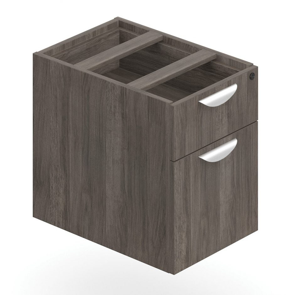 Orthographic view of an Offices to Go 22 inch deep pedestal set of drawers. The unit consists of two drawers, with the bottom most drawer serving as hanging box storage. It uses an Artisan Grey laminate finish, and features a top locking drawer.