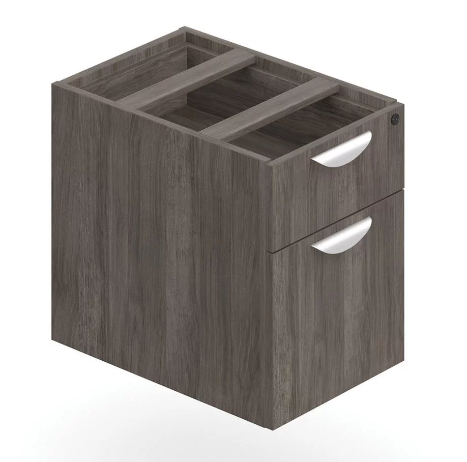 Orthographic view of an Offices to Go 22 inch deep pedestal set of drawers. The unit consists of two drawers, with the bottom most drawer serving as hanging box storage. It uses an Artisan Grey laminate finish, and features a top locking drawer.