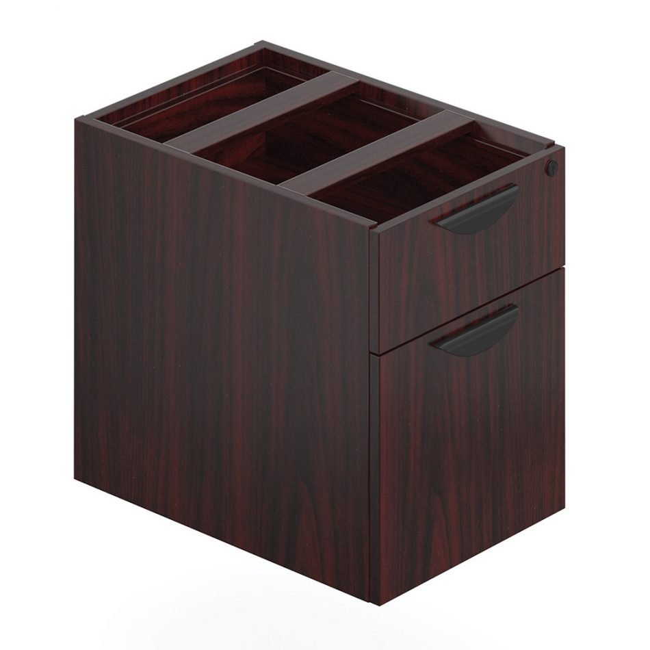 Orthographic view of an Offices to Go 22 inch deep pedestal set of drawers. The unit consists of two drawers, with the bottom most drawer serving as hanging box storage. It uses an American Mahogany laminate finish, and features a top locking drawer.