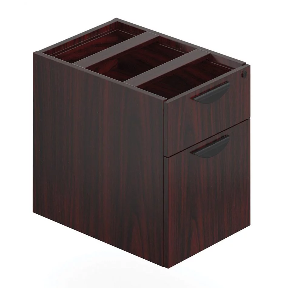 Orthographic view of an Offices to Go 22 inch deep pedestal set of drawers. The unit consists of two drawers, with the bottom most drawer serving as hanging box storage. It uses an American Mahogany laminate finish, and features a top locking drawer.