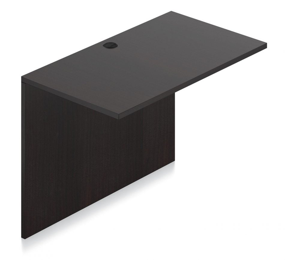 Orthographic view of an Offices to Go 42 inch flush bridge module. It has an American Espresso laminate finish.