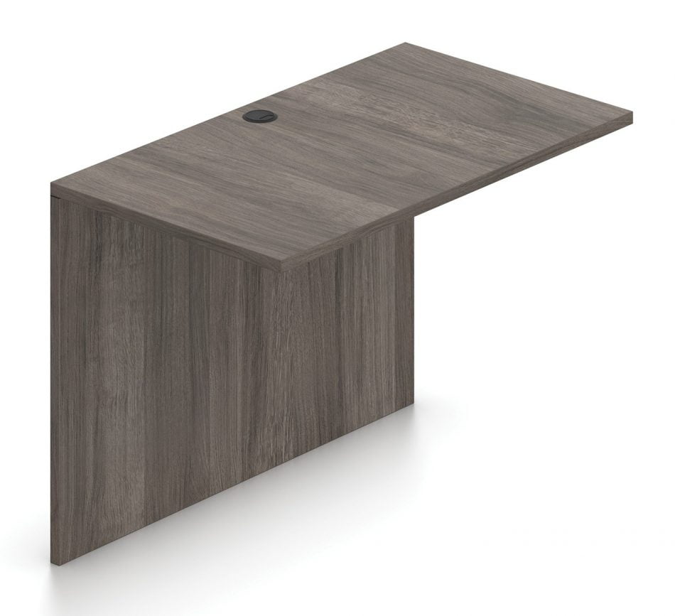 Orthographic view of an Offices to Go 42 inch flush bridge module. It has an Artisan Grey laminate finish.