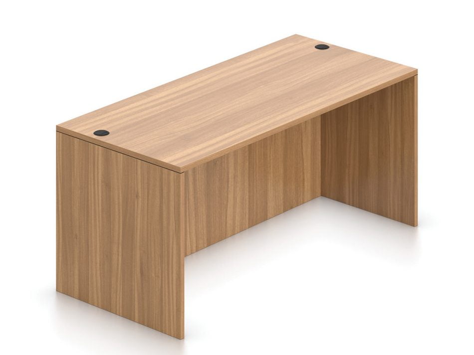 Orthographic view of an Offices to Go 66 inch modular desk shell. It has an Autumn Walnut laminate finish.