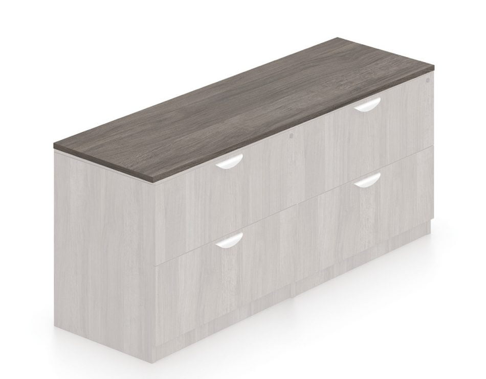 Orthographic view of the SL7122 Common Top surface for Offices-to-Go desking. It is shown here in an Artisan Grey finish, with the drawer set rendered in a ghosted graphic style.