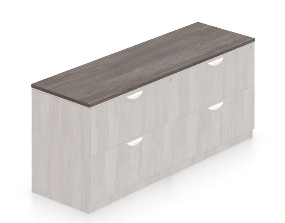 Orthographic view of the SL7122 Common Top surface for Offices-to-Go desking. It is shown here in an Artisan Grey finish, with the drawer set rendered in a ghosted graphic style.