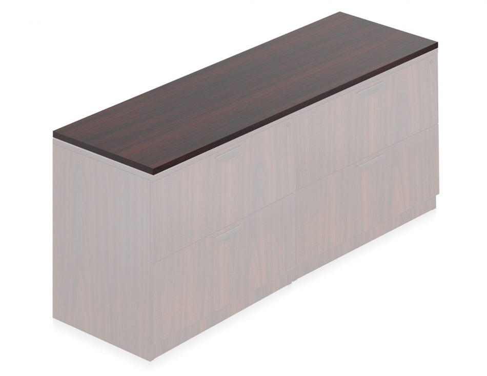 Orthographic view of the SL7122 Common Top surface for Offices-to-Go desking. It is shown here in an American Mahogany finish, with the drawer set rendered in a ghosted graphic style.