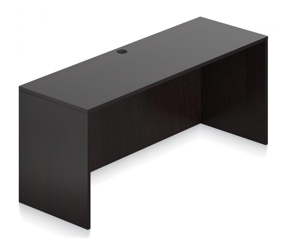 Orthographic view of an Offices to Go 71 inch modular credenza shell. It has an American Espresso laminate finish.