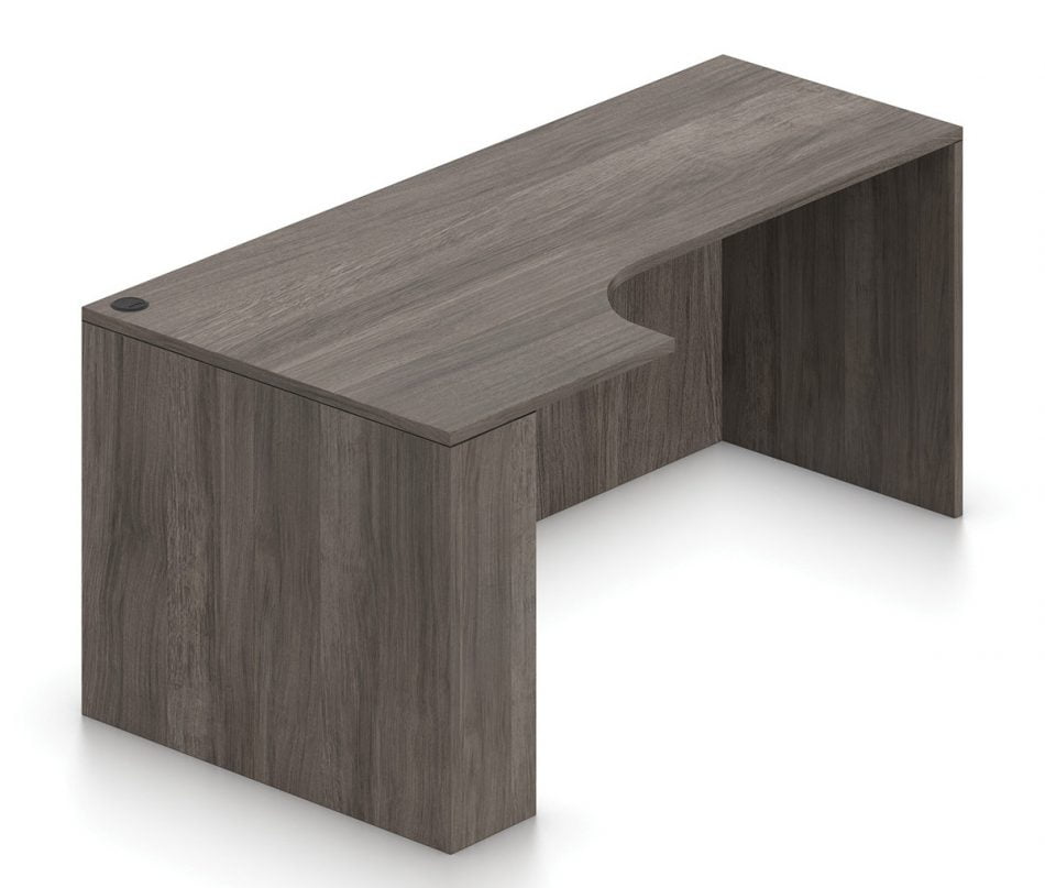 Orthographic view of an Offices to Go 71 inch credenza, with corner extension. It has an Artisan Grey laminate finish.