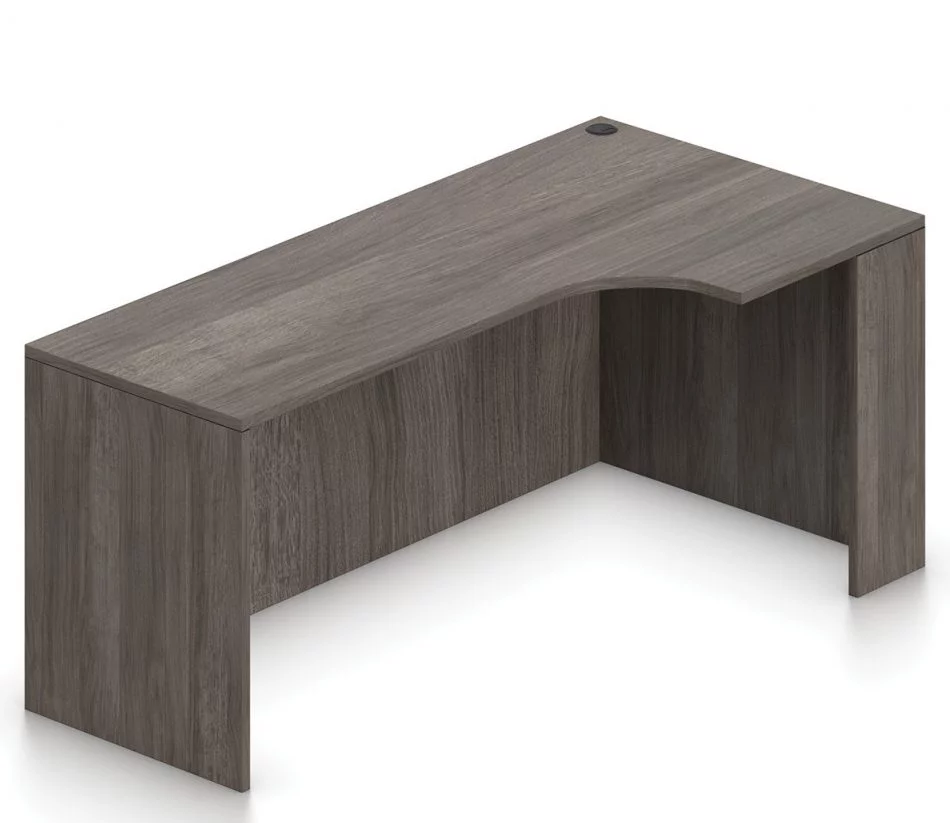 Orthographic view of an Offices to Go 71 inch credenza, with corner extension. It has an Artisan Grey laminate finish.