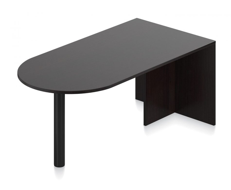 Orthographic view of an Offices to Go D-island for laminate desking. The module consists of a back, with another piece running perpendicular for stability. A single pole holds up the round end of the island. This module has an American Espresso laminate finish.