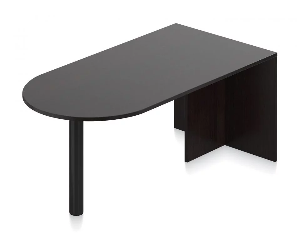 Orthographic view of an Offices to Go D-island for laminate desking. The module consists of a back, with another piece running perpendicular for stability. A single pole holds up the round end of the island. This module has an American Espresso laminate finish.