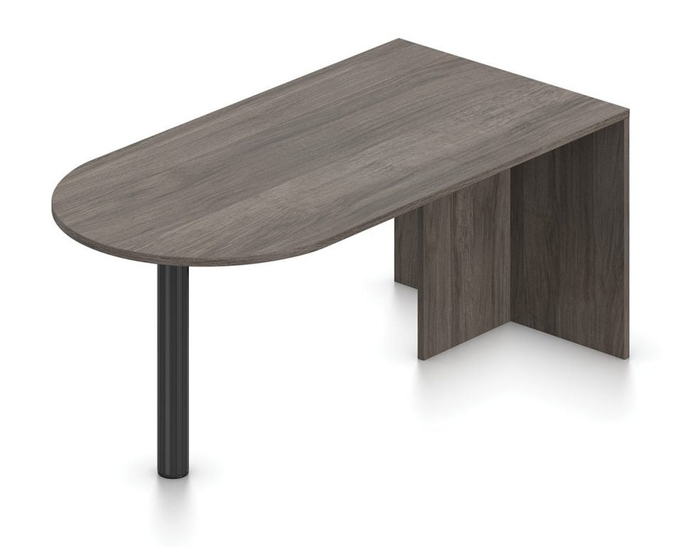Orthographic view of an Offices to Go D-island for laminate desking. The module consists of a back, with another piece running perpendicular for stability. A single pole holds up the round end of the island. This module has an Artisan Grey laminate finish.
