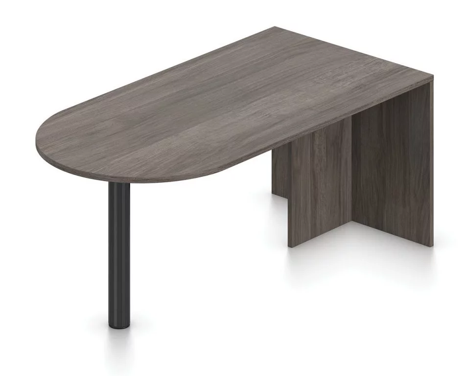 Orthographic view of an Offices to Go D-island for laminate desking. The module consists of a back, with another piece running perpendicular for stability. A single pole holds up the round end of the island. This module has an Artisan Grey laminate finish.