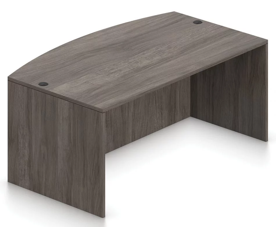 Orthographic view of an Offices to Go bow front desk module. This image shows the product in an Artisan Grey laminate finish.