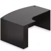 Orthographic view of an Offices to Go bow front desk. It has a short extension, curving ninety degree at your left. It has an American Espresso laminate finish.