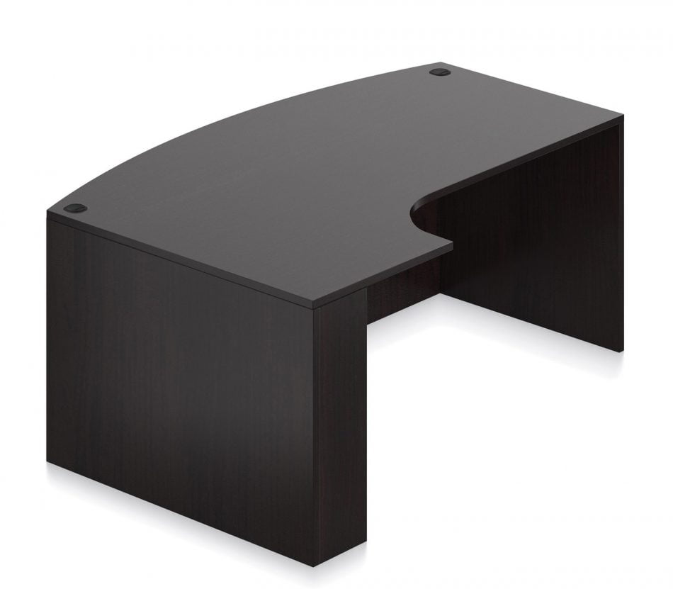 Orthographic view of an Offices to Go bow front desk. It has a short extension, curving ninety degree at your left. It has an American Espresso laminate finish.