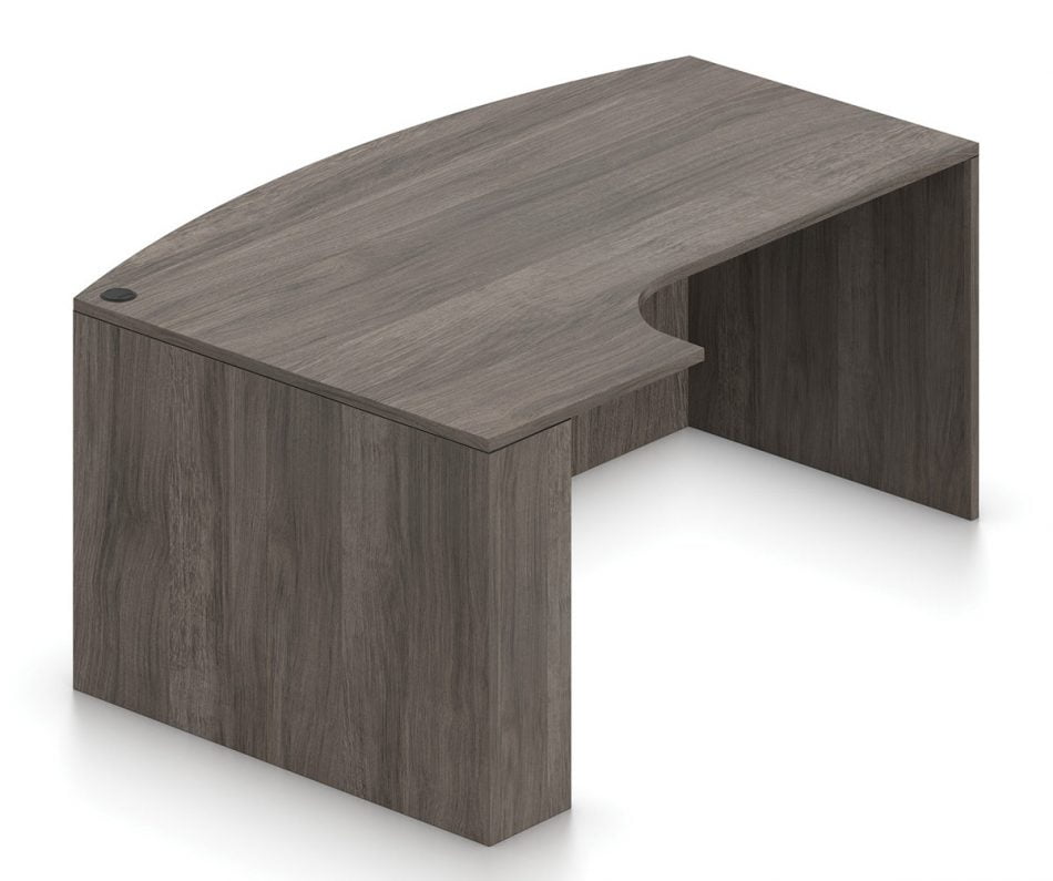 Orthographic view of an Offices to Go bow front desk. It has a short extension, curving ninety degree at your left. It has an Artisan Grey laminate finish.