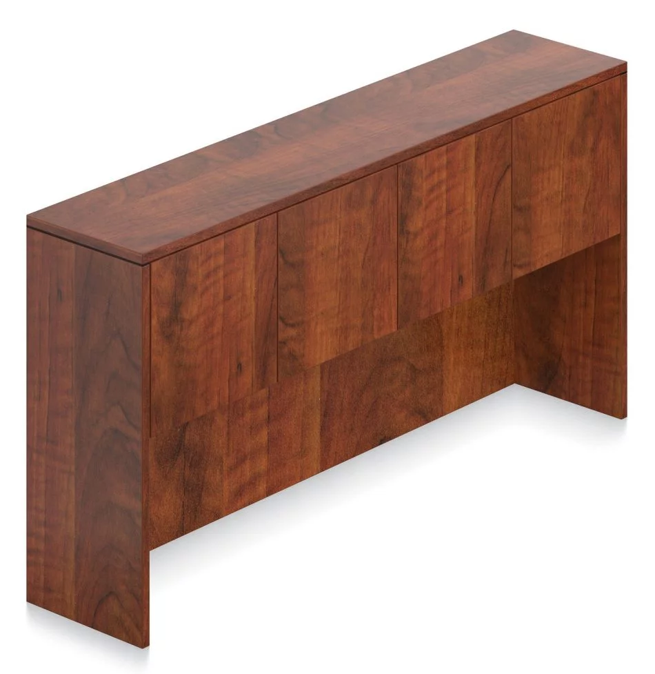 Orthographic view of an Offices to Go 71 inch overhead hutch, with 2-door cabinet storage. It has an American Dark Cherry finish.