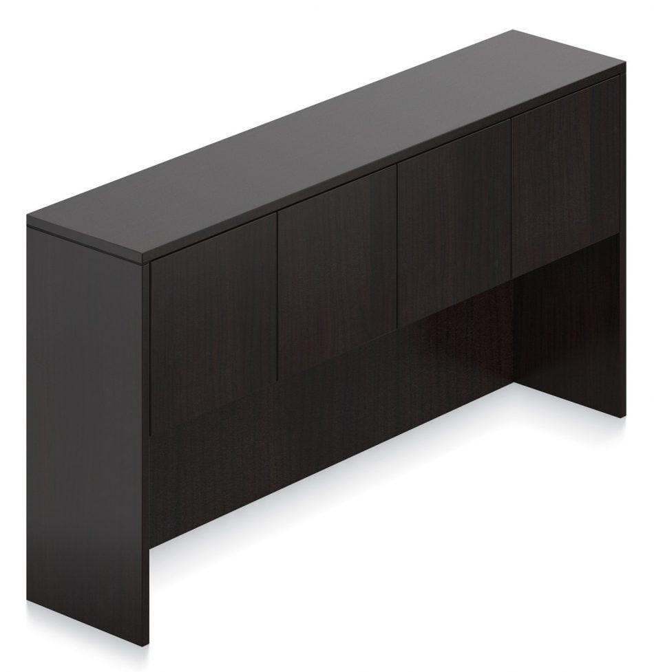 Orthographic view of an Offices to Go 71 inch overhead hutch, with 2-door cabinet storage. It has an American Mahogany finish.